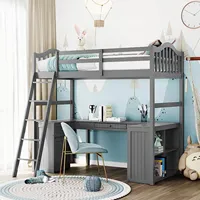 Lit mezzanine double en bois avec étagères de bureau Armoire et échelle Cadre de lit mezzanine haut avec garde-corps pour chambre d'adolescents et adultes