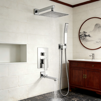 Système de douche dissimulé en laiton chromé à trois fonctions, avec grande buse de pluie carrée et douchette à main rotative pour baignoire