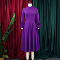 Robe midi élégante pour femme à col montant et manches longues, avec poignets à fleurs 3D, jupe évasée, couleur unie, grande taille, pour soirée formelle ou église