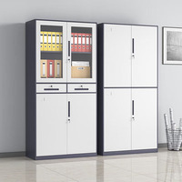 Armario de Oficina con Puertas Batientes de Vidrio y 2 Cajones para Almacenamiento de Libros, Gabinete Moderno de Acero Gris con Cajones con Cerradura