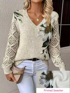 Maglione Vintage <span class=keywords><strong>da</strong></span> Donna con Scollo a V, Maniche Lunghe Traforate, Traspirante, Lavorato a Maglia, Stampa Floreale Bianca, Casual per Uso Quotidiano, Versatile per Casa e Ufficio - Product Image 1