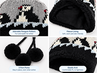 Bonnet tricoté pour femme avec protection des oreilles pour l'hiver, motif pingouin de dessin animé, doublure polaire, sangle sous le menton et pompons