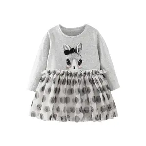 2023 Fashionable Knit Kids Long Sleeve Rabbit Princess Dress Autumn Grey Dress Cute Lace Skirt for Girls
