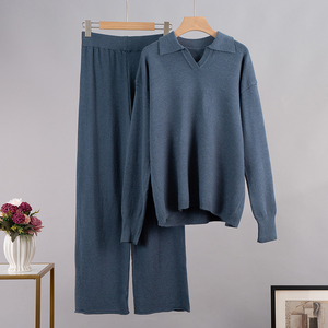 Women's <strong>Knitted</strong> Set New Autumn/Winter Sweater Set Polo Collar <strong>Knitted</strong> Hoodie Wide Leg <strong>Pants</strong> Two Piece Set - Product Image 6