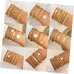 KISSWIFE New Trendy Multilayer Gold Metal Chain Bracelet For Women Vintage Thick Chain Charm Bangles Bracelets Set Jewelry