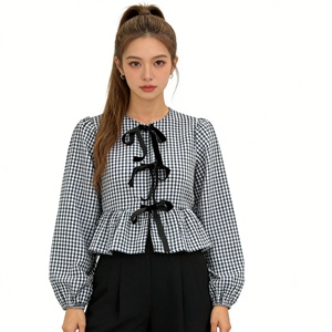 Chemisier Peplum à Nœud Imprimé Carreaux Vichy pour Femme - Haut Décontracté à Manches Longues et Ourlet Volanté Tendance - Product Image 3