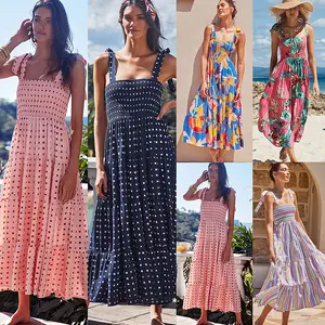 Gaun Panjang Elastis Wanita, Pakaian Gaun Panjang Bercetak Titik Selempang Liburan Pantai Tali Spageti