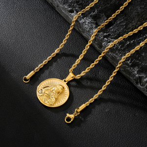 Chaîne de pièces de monnaie personnalisée en diamant plaqué or 18 carats pendentif vierge <span class=keywords><strong>marie</strong></span> jésus lion femmes hommes bijoux en acier inoxydable collier de pièces de monnaie en argent - Product Image 1