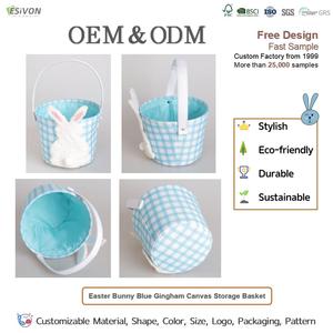Cesta de Lona con Diseño de Conejito de Pascua, Azul a Cuadros, con Asa y Conejito de Peluche 3D para Habitación Infantil, Huevos, Dulces, Juguetes, Regalos, Recuerdos de Fiesta, ODM - Product Image 2