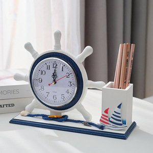 Nautical <b>Table</b> <b>Clock</b> With Lighthouse And Ship Wheel Design Silent Desk <b>Clock</b> For Bedroom Living Room Decorative <b>Clock</b> - Product Image 3