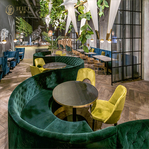 Ghế sofa booth hình chữ S bằng nhung, thiết kế hiện đại, lưng cao, màu xanh lá, kiểu nửa vòng tròn, dành cho nhà hàng, kèm bàn và ghế - Product Image 1