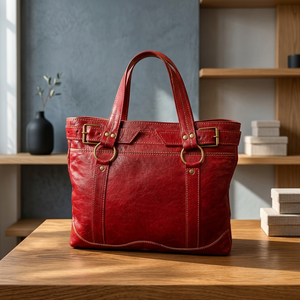 Red Genuine Leather Tote <b>Bag</b> Classic Style Soft Handle Durable Women's Handbag - Product Image 2