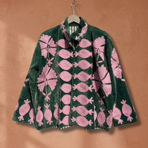 Green <b>Velvet</b> Embroidered Blouson Jacket With Pink Floral Pattern Mandarin Collar Full Sleeve Autumn Outerwear <b>Women</b> <b>Velvet</b> <b>Coat</b> - Product Image 3