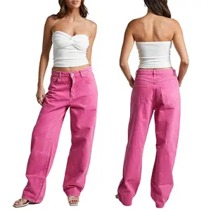 Calça jeans feminina de cintura média, moda de alta qualidade, roupa de rua, roupa casual feminina, com logotipo personalizado, de algodão clássico, para mulheres, roupa casual rosa, lavagem