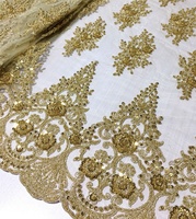 Tela de Moda con Bordado Tejido de Última Moda, Color Dorado, Cordón con Cuentas Bordadas a Máquina, Encaje para Vestidos de Novia o Juguetes