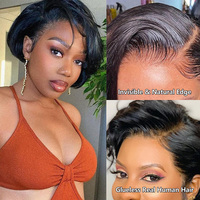 Perruque Pixie Courte Cheveux Naturels Couleur Mèches, Perruque Lace Frontale Pixie Courte, Perruque Pixie en Dentelle Cheveux Naturels Vente en Gros