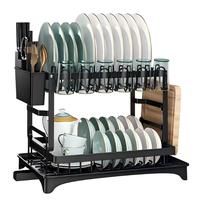 Égouttoir à vaisselle en métal à 2 niveaux pour cuisine, avec support pour couteaux et planches à découper, panier à couverts