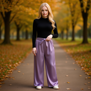 J783 Pantaloni Larghi da Donna in Raso a Vita Alta, Lunghi, Tinta Unita, con Cintura e Coulisse, Casual, Vestibilità Ampia, Autunnali - Product Image 2