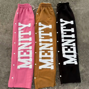 Custom 100% Cotton <b>Sticker</b> Embroidery Pants Leg Side Adjustable Button Raw Hem Drawstring Baggy Sweatpants - Product Image 1