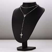 Collier long en Y en acier inoxydable avec croix catholique romaine, bijoux religieux, crucifix plaqué or, pendentif croix pour femme, collier chapelet