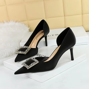 Chaussures à talons hauts pour femmes, en cuir PU, à bout pointu et bouche peu profonde, avec nœud en strass, pour l'été - Product Image 5
