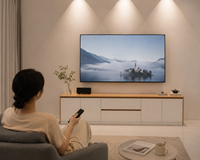 Meuble TV moderne sur mesure avec éclairage d'ambiance LED et grand espace de rangement
