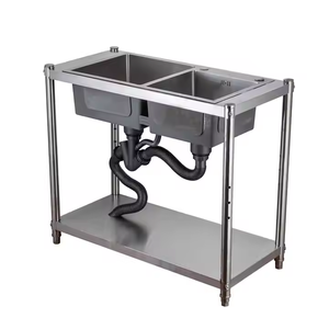 Évier de <span class=keywords><strong>cuisine</strong></span> double bac en acier inoxydable avec support mural pour maison locative, autoportant, usage commercial - Product Image 1