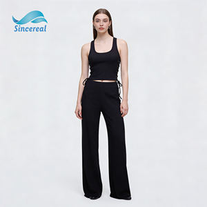 Débardeur court côtelé personnalisé avec cordon <span class=keywords><strong>de</strong></span> serrage latéral et fronces, col rond, sans manches, pour femme, idéal pour le fitness et le yoga en été - Product Image 3