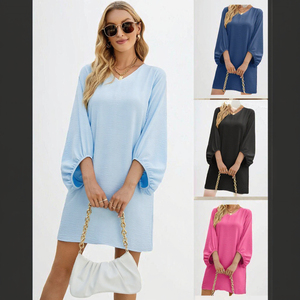 Vestido Casual Holgado con Cuello en V para Mujer, Largo hasta la Rodilla, Color Sólido, Bordado, Tejido de Punto, Manga Abullonada, Poliéster, Primavera-Otoño 2025 - Product Image 3