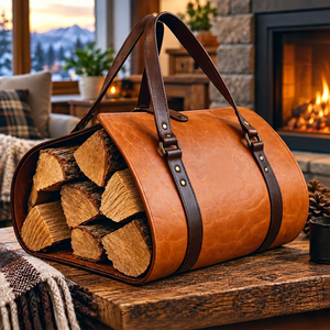 Sac de transport robuste en cuir véritable pour bûches, sac de rangement portable pour bois de chauffage LLR-0168 - Product Image 1