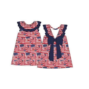 Roupas de verão para meninas, vestido de algodão com bandeira infantil, vestido boutique com babado para meninas, 4 de julho, 2024