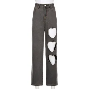 LILUO straight leg washed hole jeans pants ladies custom heart shape ripped trousers vintage denim jeans women