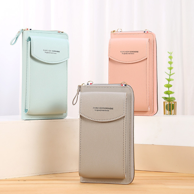 Pure Color Candy Fashion Mobile Phone Wallet Card Holder Messenger PU Zipper Portable Money Purse Crossbody Shoulder Mini Bag
