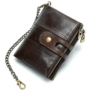 8599 Anti-theft Men Genuine Leather Soft Money Clip Purse Top Grain Cowhide Vintage Men Chain Wallet With RFID Coin Pocket