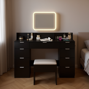 Moderno Set de Maquillaje Negro con Espejo LED, Cajones de Almacenamiento y Taburete para Dormitorio - Product Image 2