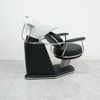 Fauteuil de lavage de luxe pour salon avec bac en céramique blanc, en cuir synthétique, inclinable, station de lavage des cheveux, massage de la tête, spa