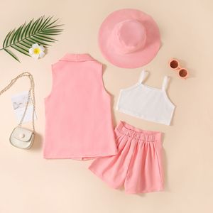 Élégant décontracté 4 pièces ensemble pour filles chaud bébé sans manches été costume couleur unie gilet licou Shorts haut décontracté-pour un usage quotidien - Product Image 5