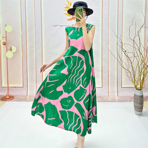 Vestido Largo de Verano 2025, Estilo Miyake, Casual, Tejido, Cintura Natural, Sin Mangas, Estampado, Lavable - Product Image 1