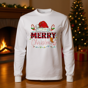 T-shirt unisexe à manches longues avec motif de Noël et chapeau de Père Noël, col rond, design festif, pour adultes, pour les fêtes de famille - Product Image 2