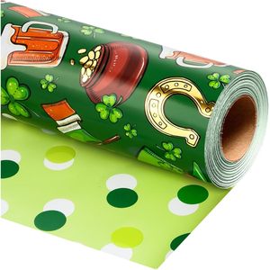 St Patricks Day Reversible <b>Wrapping</b> <b>Paper</b> Roll 17 In X 32.8 Ft Green Shamrocks Horseshoe Gift Craft Decor - Product Image 1