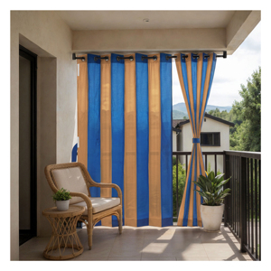 Stripe Outdoor Curtain 180 GSM Blue Beige HDPE Knitted Fabric with UV Resistant Breathable Weave for Stylish Patio Privacy - Product Image 1