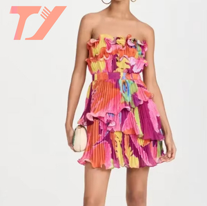 Abito donna TUOYI personalizzato stampa floreale senza spalline Mini strutturato aperto posteriore parzialmente elasticizzato con increspatura cintura naturale - Product Image 1