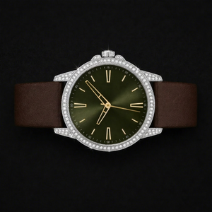Montre de soirée avec lunette sertie de diamants |   Montre de luxe à cadran vert avec bracelet en cuir marron |   Montre en Moissanite Sertie de Pierres - Product Image 1