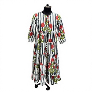 <b>Striped</b> Floral Embroidered Bohemian Maxi <b>Dress</b> 100% Cotton Tiered Breathable Summer ODM <b>Blue</b> <b>White</b> Long Sleeve - Product Image 2