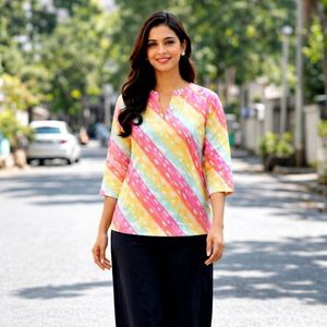 Ensemble Kurta rayé multicolore pour femmes avec pantalon palazzo noir à manches amples, tenue ethnique décontractée - Product Image 1