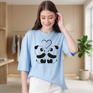 Cute Panda Cartoon Print <b>Sequined</b> 100% Cotton Women's Regular Fit Crew Neck Short Sleeve Light Blue <b>T</b>-<b>Shirt</b> - Product Image 1