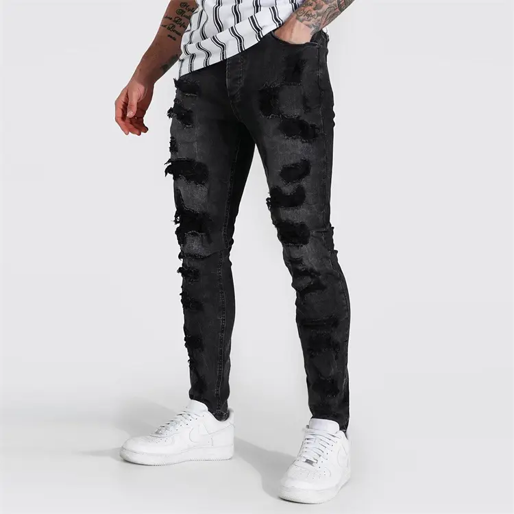 OEM custom black ripped skinny slim fit jeans acid washed denim pants for men