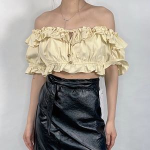 OEM Women's New Fashion Elastic <b>off</b> <b>Shoulder</b> Short Sleeve <b>Ruffle</b> Drawstring Crop <b>Top</b> Sexy <b>Top</b> Blouse - Product Image 1