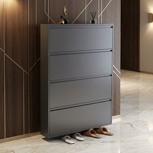 <span class=keywords><strong>Mueble</strong></span> <span class=keywords><strong>Zapatero</strong></span> Metálico Delgado Gris Oscuro <span class=keywords><strong>Moderno</strong></span> con 4 Compartimentos Basculantes para Ahorrar Espacio en el Hogar - Product Image 1