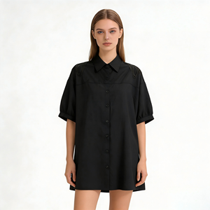 Camicia Oversize <span class=keywords><strong>Nera</strong></span> di Lusso Casual da Donna con Ricamo in <span class=keywords><strong>Tulle</strong></span> a Farfalla sul Retro e Maniche a Sbuffo - Product Image 2